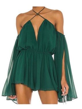 REVOLVE Emerald Green Off-Shoulder Chiffon Romper